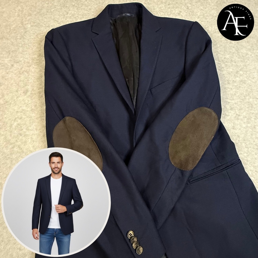 Il Garbo Collection Reda N Blue Wool Blazer Elbow Patches Mens Sport Coat Sz 40R